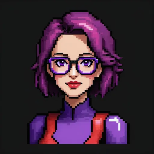 Prompt: a pixel art of a purple woman with red glasses and a purple outfit on, with a black background and a black background, Felix-Kelly, pixel art, purple, a character portrait