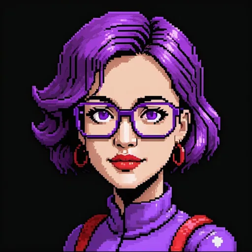 Prompt: a pixel art of a purple woman with 
 red glasses and a purple outfit on, with a black background and a black background, Felix-Kelly, pixel art, purple, a character portrait