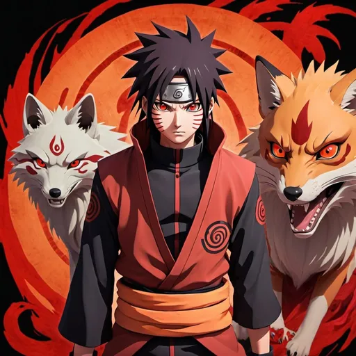 Prompt: (Anime naruto),itachi uchiha had (sharingan eyes) in jinchuriki mode .and a nine tails fired angry fox beast (kurama) with red mythic theme behind he.