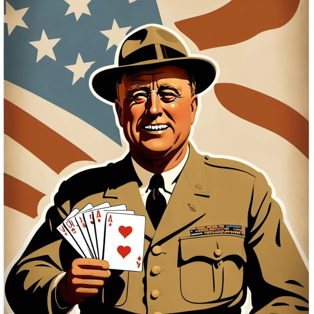 Prompt: Create a propaganda poster using the stacked cards method for Roosevelt in World War II 