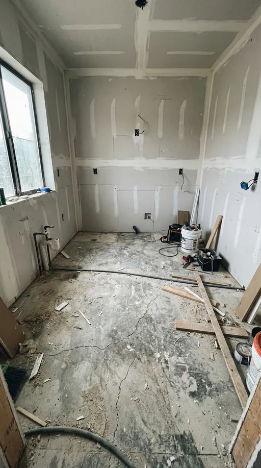 Prompt: A wide-angle, ultra-realistic kitchen interior under construction. Bare concrete floor with visible cracks and stains, unfinished drywall walls, exposed electrical outlets, no cabinets installed. Construction dust and debris scattered on the floor. Natural daylight entering from a window on the left. Industrial, raw atmosphere. No furniture. Static camera, eye-level, same framing for all future stages, photorealistic, cinematic realism.