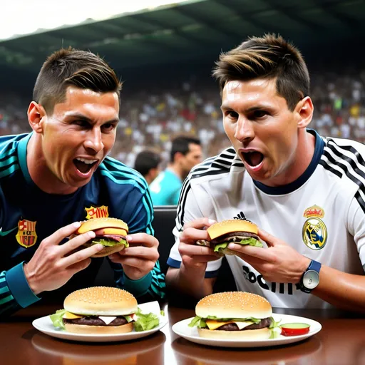 Prompt: Ronaldo ve Messi hamburger yerken