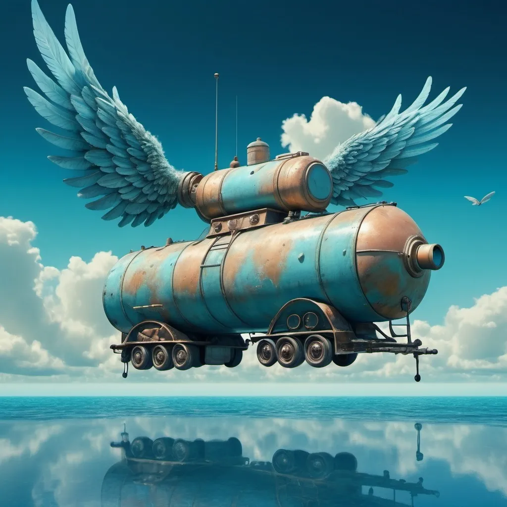 Prompt: (surrealist artwork), (tank trailer with wings), flying above a vast blue sea, (cool color scheme), dreamy atmosphere, whimsical elements, soft waves reflecting light, ethereal clouds in the background, imaginative composition, high detail, (4K quality), enchanting ambiance, contrasting textures, blending reality and fantasy.