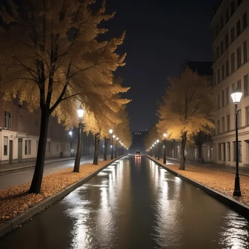 Prompt: The car moved down the empty river-bed
streets and off away, leaving the empty streets with the empty side-walks, and no sound and no motion all the rest of the chill November night