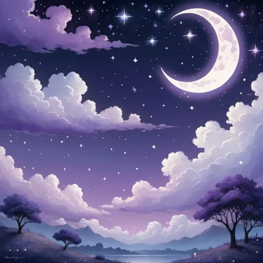 Prompt: A starry night scene with Blues and purples, white stars and one crescent white moon in the shot with lght purple clouds and on the bottom right side it should say Sleepykatara in pretty font, this image should be 33.07" x 17.32" at 300dpi