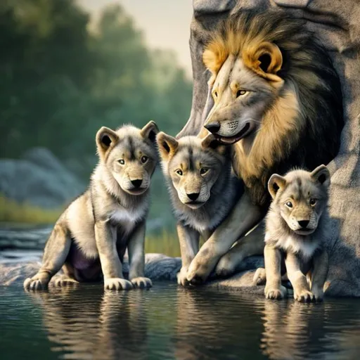 Prompt: Two wolf puppies and a lion drinking from a clear river, detailed fur with reflections, natural wildlife scenery, vibrant colors, high quality, realistic, detailed fur, wildlife, serene atmosphere, clear river, peaceful, nature, adorable, detailed eyes, natural lighting