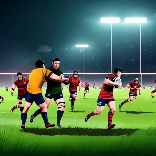 Prompt: Dynamic rugby match in a vibrant stadium, energetic players in action, grass-stained uniforms, intense tackles and passes, high energy, realistic sports illustration, vivid colors, dynamic lighting, high quality, action-packed, sports, energetic, grass-stained, dynamic lighting, vibrant stadium