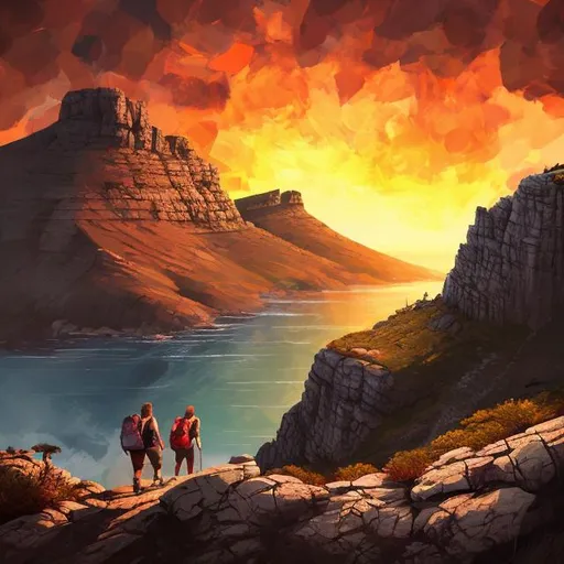 Prompt: Table Mountain, hiking, vibrant sunset, high quality, realistic, digital painting, rocky terrain, panoramic view, hikers silhouetted against the sky, warm tones, dramatic lighting, detailed brushwork, breathtaking atmosphere