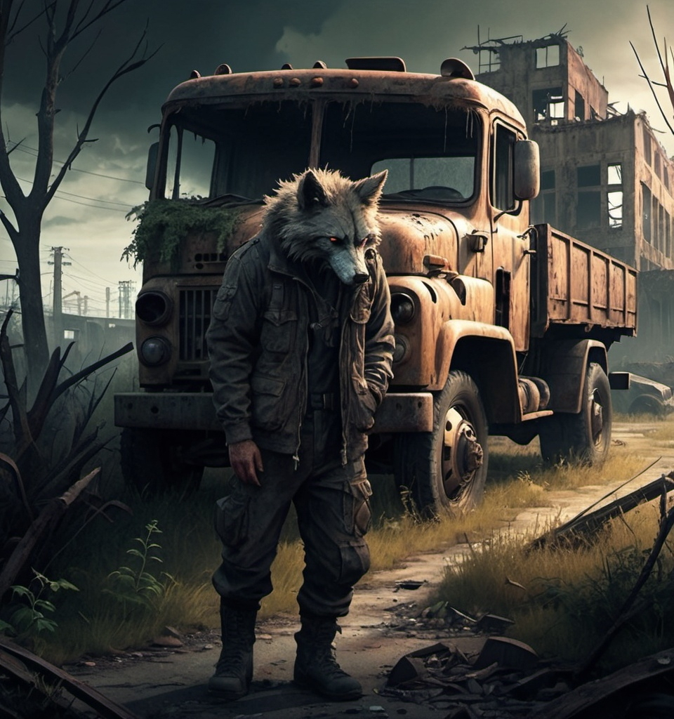 Prompt: Apocolypse ,erie, furry art,truck