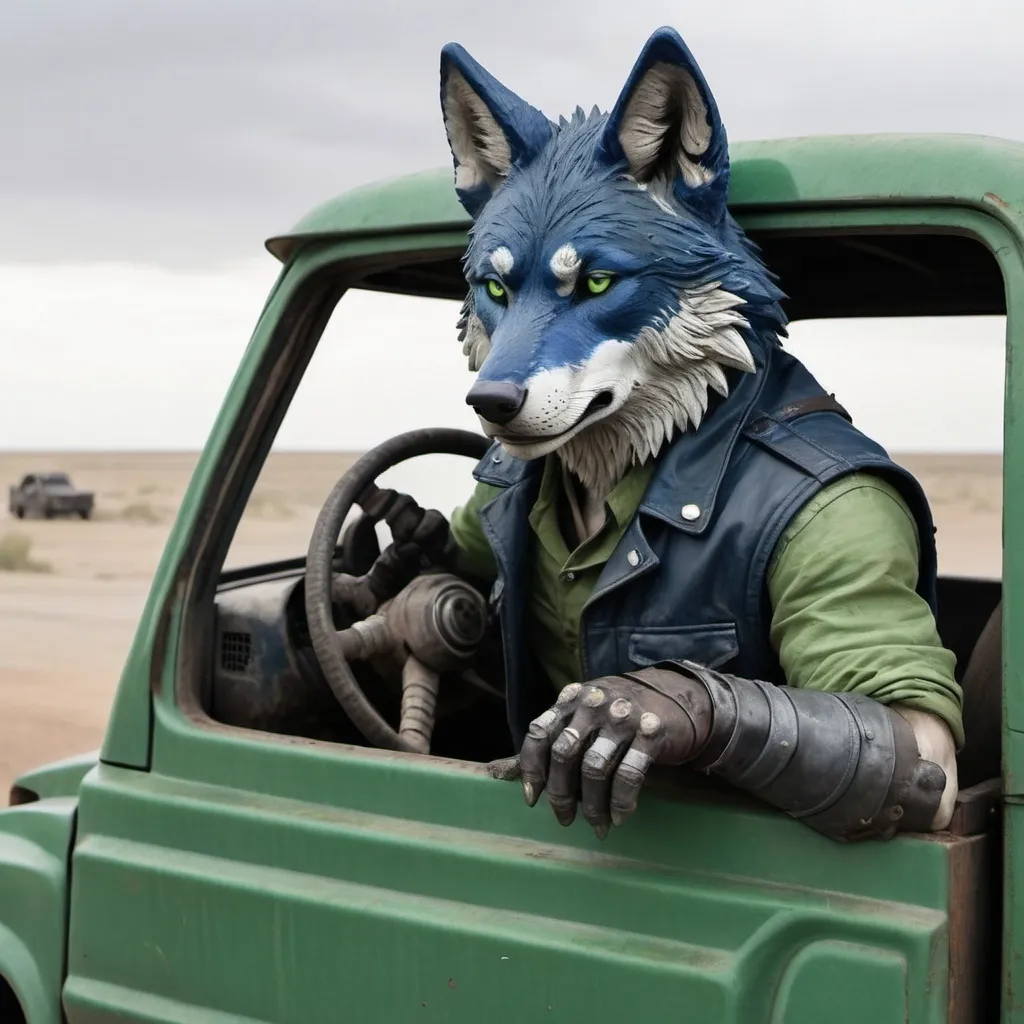 Prompt: dark blue and grey anthro wolf driving a green salvage truck,view from the windshield, apocalypse,Madmax, wasteland