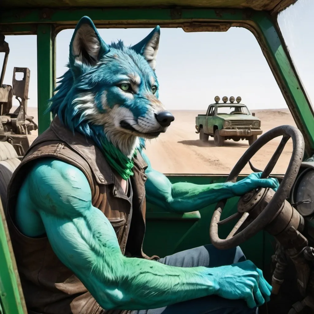 Prompt: blue anthro wolf driving a green salvage truck,view from the cabin, apocalypse,Madmax, wasteland