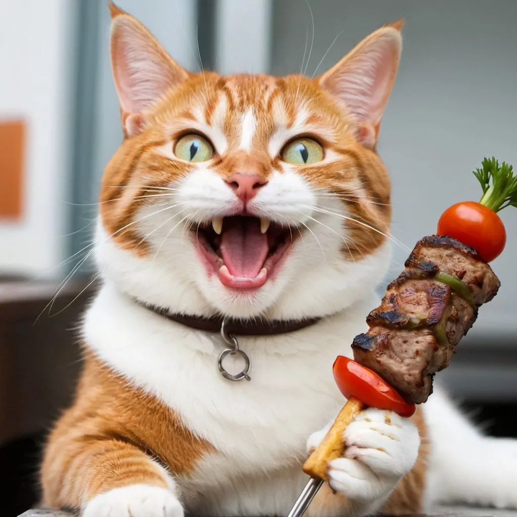 Prompt: Happy Cat eting kebab