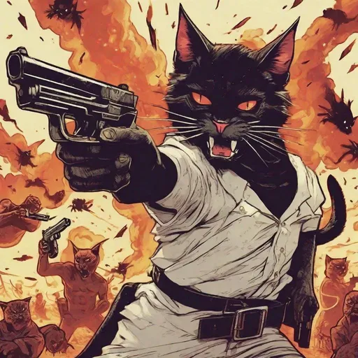Prompt: Cat whit a gun fightin in hell whit demons