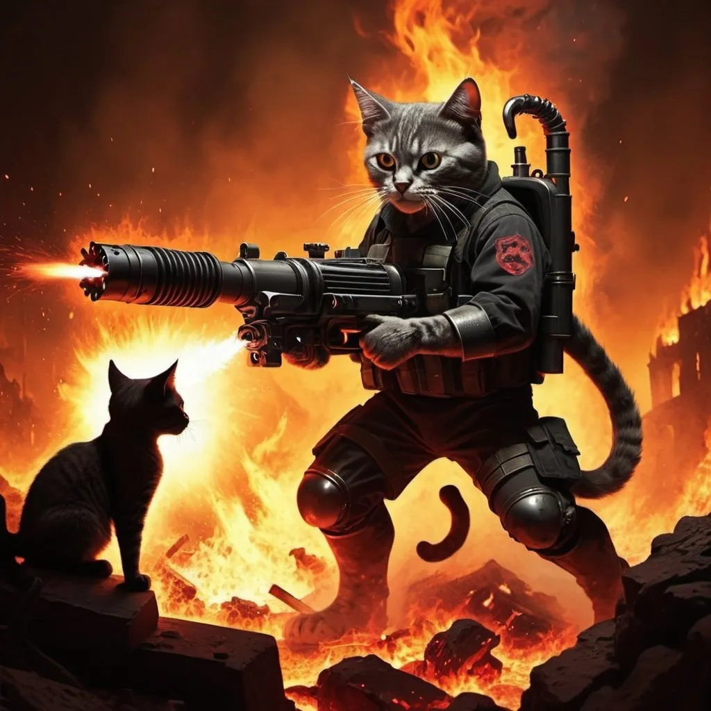 Prompt: Cat fighting demons in hell whit minigun