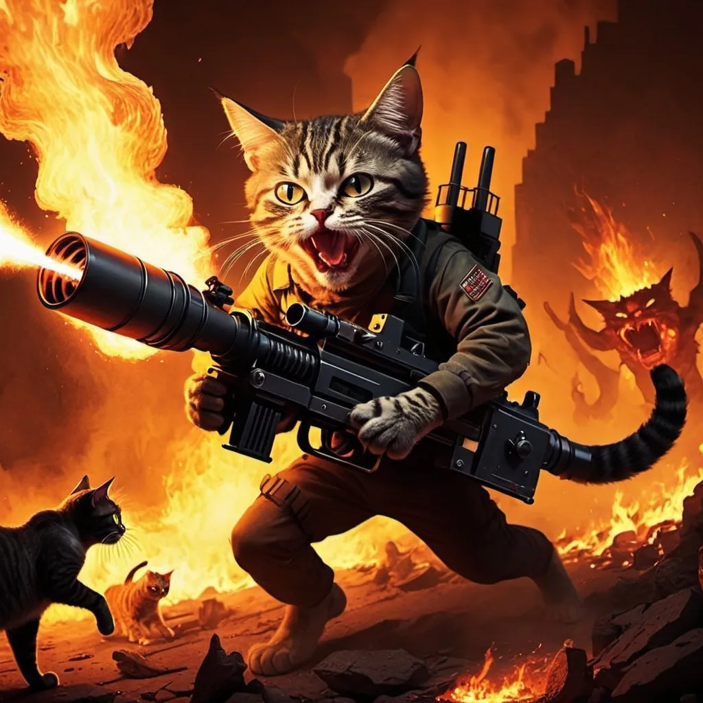 Prompt: Cat fighting demons in hell whit minigun
