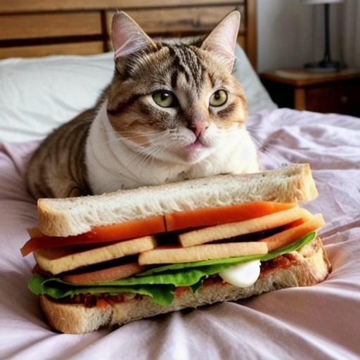 Prompt: Fat cat in a bed eating sandwich