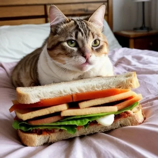 Prompt: Fat cat in a bed eating sandwich