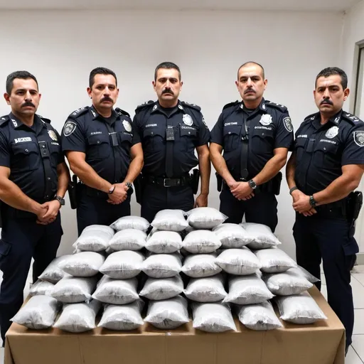 Prompt: Mexican police posing with bags of cocaine they have intercepted