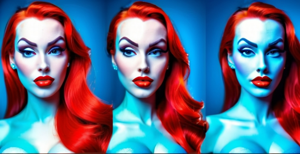 Prompt: The world ideal of a perfect woman (stunning woman with 3+ facial expressions all converging into the same body. Jessica rabbit look alike