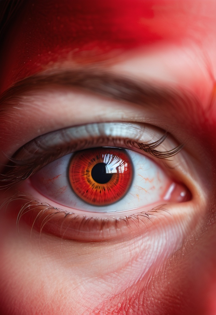 Prompt: a woman's eye with a reflection of her face in the iris of her eye, with a red background, Claire Dalby, art photography, clear focus, a hologram