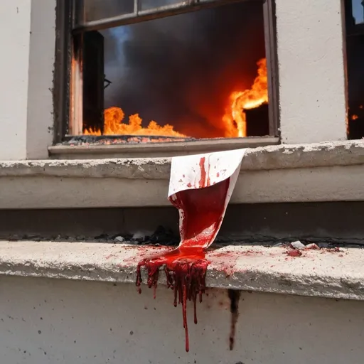 Prompt: A bloody diper near a burning building 