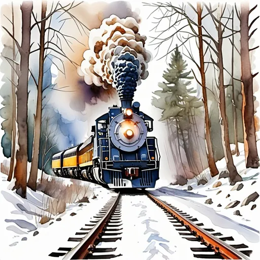 Prompt: locomotive train in winter woods scene all watercolor style artwork