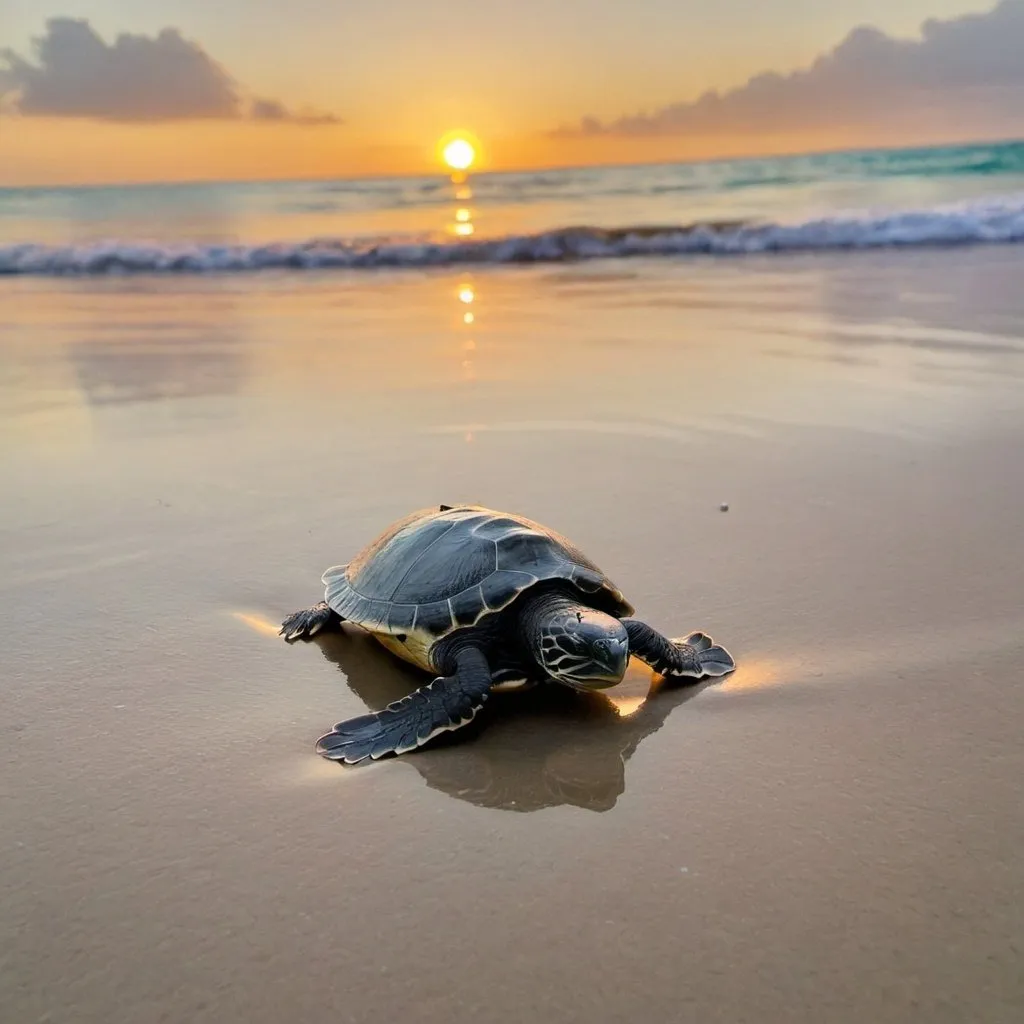 Prompt: a baby turtle at sunrise entering the sea
