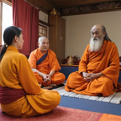 Prompt: Swamiji sitting front of his devotees in Tibetan style or japanese style costume. one of the devotee is talking about his problem. 2 girls as disciple are beside swamiji with big fans.