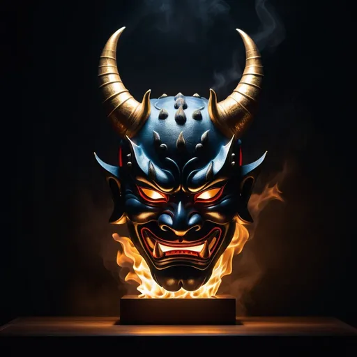 Prompt: Photorealistic sci-fi portrait of a Hannya mask centered on a pedestal in a dark room illuminated by firelight, high resolution, photorealism, detailed features, powerful aura, realistic lighting, professional quality, ads-luxury, natural lighting, detailed shadows, realistic proportions | shot by Canon EOS 5D Mark iv sensor with 32mm lens f1.4 aperture. bokeh