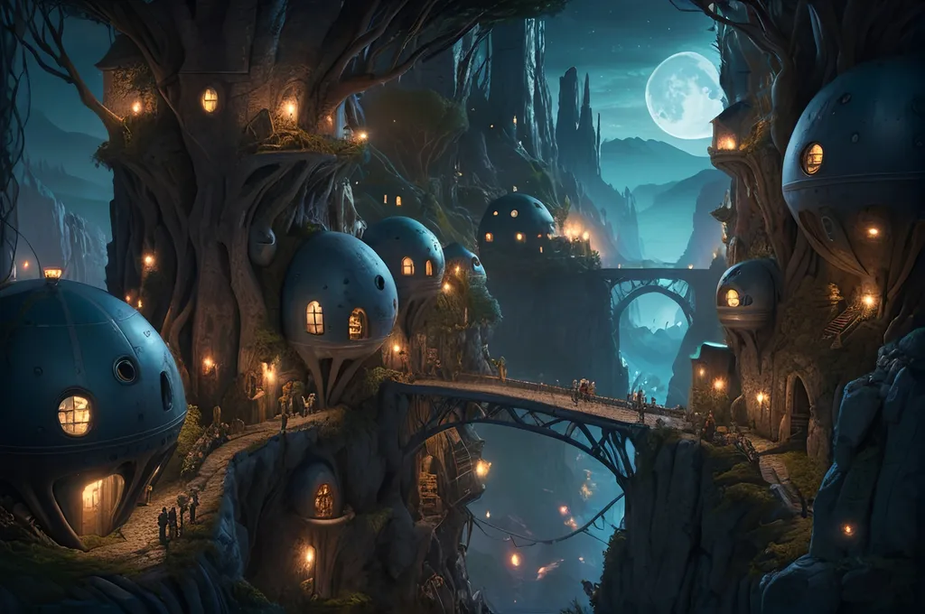 Prompt: Photorealistic sci-fi photograph looking out at an (low light) alien town after dark made of (densely populated stone trees) towering thousands of feet high with dwellings carved into the sides and bridges connecting them together with random sci-fi elements, high resolution, photorealism, detailed features, realistic lighting, warm lanterns, people, (professional quality), ads-luxury, (natural lighting), detailed shadows | shot by Canon EOS 5D Mark iv sensor with wide-angle 35mm lens f2.8 aperture. bokeh