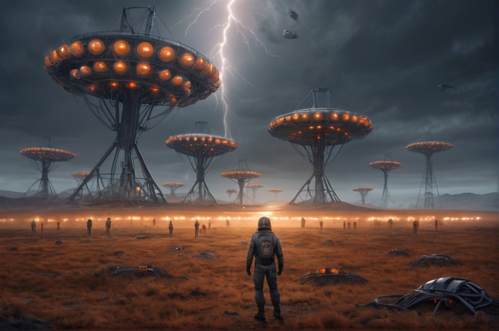 Prompt: Photorealistic sci-fi photograph looking out at an endless field of hundreds of circular industrial antennas built on a cloudy alien planet above the sea with (lightning) and sulfuric orange air, high resolution, photorealism, detailed features, realistic lighting, warm lanterns, people, (professional quality), ads-luxury, (natural lighting), detailed shadows | shot by Canon EOS 5D Mark iv sensor with wide-angle 35mm lens f2.8 aperture. bokeh