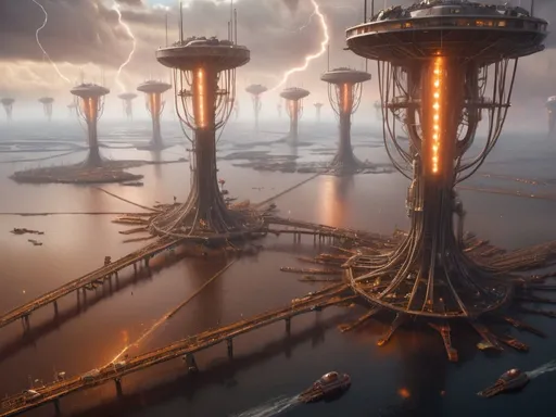Prompt: Photorealistic sci-fi photograph looking down at an (endless) field of hundreds of towering circular industrial antennas built on a cloudy alien planet above water with (lightning) and sulfuric orange air, thick fog, rain, high resolution, photorealism, detailed features, realistic lighting, (professional quality), ads-luxury, (natural lighting), detailed shadows | shot by Canon EOS 5D Mark iv sensor with wide-angle 35mm lens f2.8 aperture. bokeh