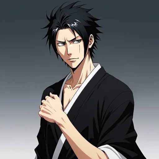 Prompt: bleach shinigami, black messy hair, relaxed posture, calm focused face, one arm out of the sleeve