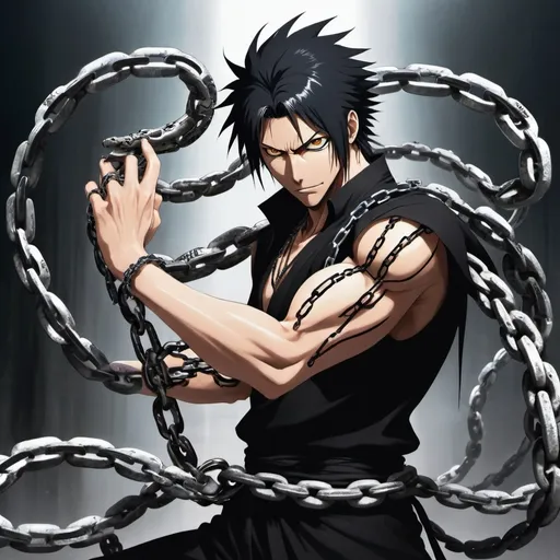 Prompt: bleach shinigami, black messy hair, calm focused face, one arm out of the sleeve, surrounded by taut chains, multi headed snake made of chains accessory, action pose, wielding chains