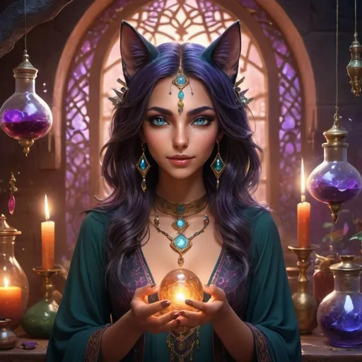 Prompt: arabic, Catgril, fantasy, hidden witch, healer, medica