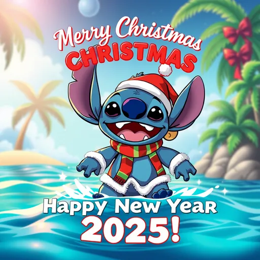 Prompt: (accurately and clearly spelled text "Merry Christmas and Happy New Year 2025!") vibrant and island atmosphere, joyful and festive expression, Stitch dressed with christmas clothes design, bold typography, dynamic burst of colors, chill mood, high energy, ultra-detailed.