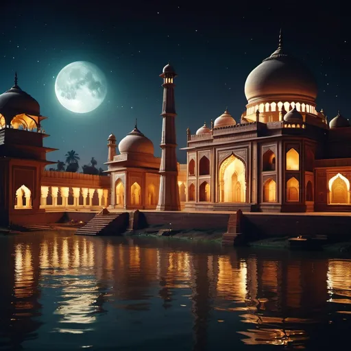 Prompt: Mughal Indian buildings by a river with water lies in it at night on Saturn.   