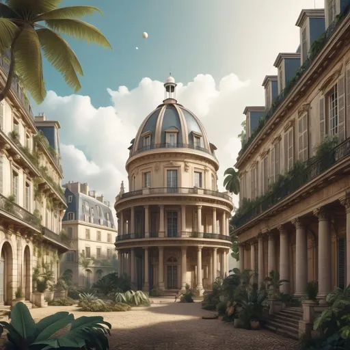 Prompt: 1700s French architecture buildings in tropical big city on Venus planet.  