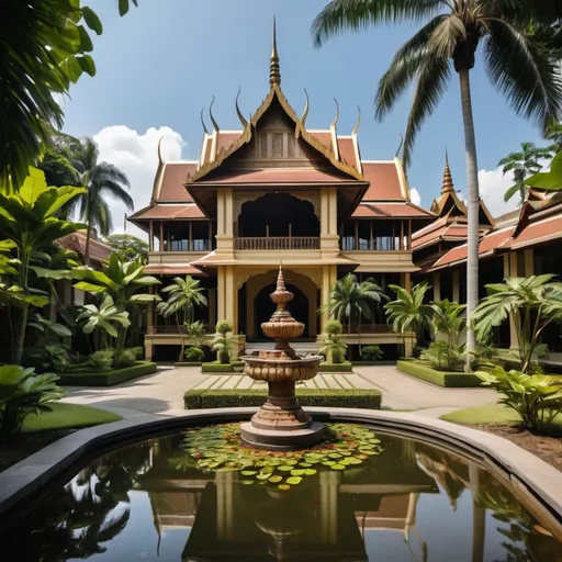 Prompt: Southeast Asian Burmese mansion in tropical place near pond and water fountain.  