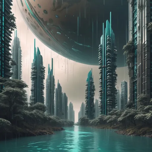 Prompt: Futuristic sky scrapers city with rain falling with taupe sky by turquoise ocean in woods on Jupiter planet.    