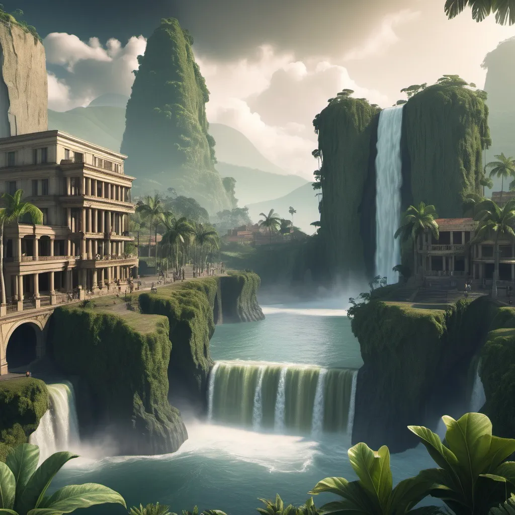 Prompt: Ancient Colombian big city in tropical place by ocean and waterfall on Venus in morning.  