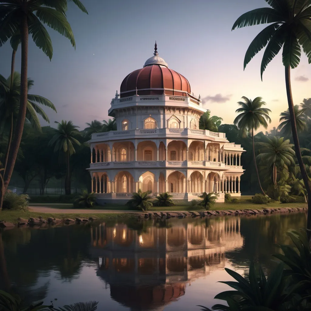 Prompt: Indian octagon palace in a tropical place by the river in evening.  