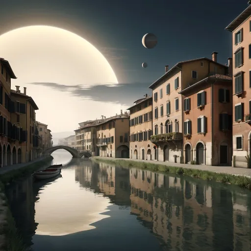 Prompt: Renassaince Italian buildings by a river with water lies in morning on Saturn.   