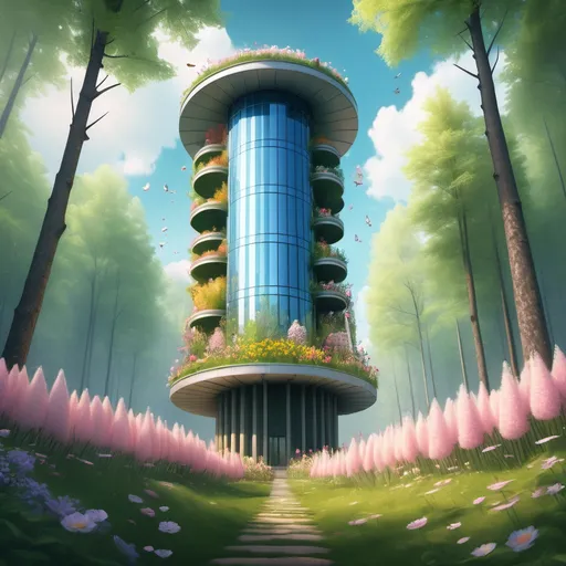 Prompt: A cylinder sky scraper in a spring forest by lake and flowers.     