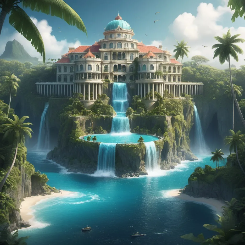 Prompt: A palace is in a tropical island by the ocean and waterfall.  