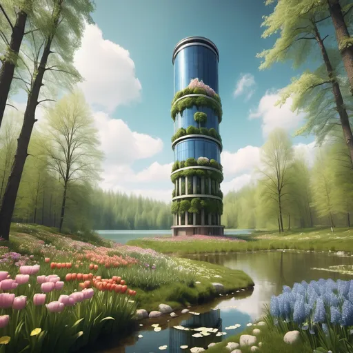 Prompt: A cylinder sky scraper in a spring forest by lake and flowers.     