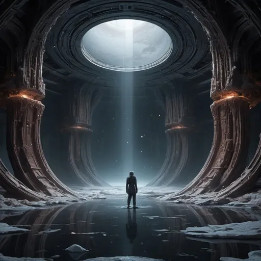 Prompt: 	•	A dimly lit chamber submerged beneath the icy surface of Europa, with faint glimmers of light piercing through the darkness.
	•	The walls of the chamber resonating with a mysterious, almost unearthly hum, creating an atmosphere of anticipation and otherworldly energy.
	•	The protagonist standing amidst this surreal environment, feeling the imminent approach of extinction and rebirth, with the universe they’ve imagined slowly materializing around them, pulsating with vibrant energy.
	•	As the protagonist prepares for their transformation, they reflect on their journey, their mind drifting back to the red planet where it all began, recalling the challenges and trials that have led them to this moment.
	•	Despite the pull of transcendence, there’s a compelling urge to recount the events that shaped their existence, to revisit the world where they were tested, pushed, and ultimately remade.
	•	Finally, there’s a sense of choice and inevitability, as the protagonist stands at the threshold of a new existence, ready to embrace the unknown and dissolve into the vast cosmic tapestry.