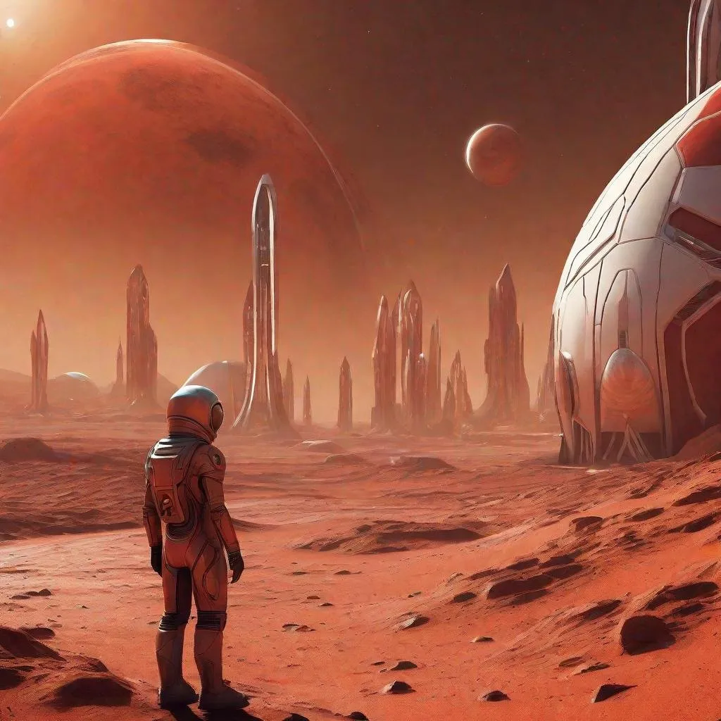 Prompt: 	•	Imagine a futuristic Martian landscape in the year 3088, where human colonies have established themselves on the red planet.
	•	Picture Liam, the protagonist, born into this Martian society, where Earth is a distant memory, and Mars is the only reality.
	•	Envision the protective domes where Liam and other Martians live, shielding them from the harsh conditions outside, creating a sense of both safety and confinement.
	•	Visualize the Martian landscape beyond the dome’s transparent walls: rusty canyons, swirling dust devils, fiery sunsets casting an otherworldly glow, and toxic soil stretching as far as the eye can see.
	•	Feel the contrast between the wonder and beauty of Mars’ landscape and the inherent dangers it poses, serving as a constant reminder of the challenges faced by its inhabitants.
	•	Picture each dome as a bubble of life amidst the barrenness of Mars, a fragile oasis in a harsh environment.