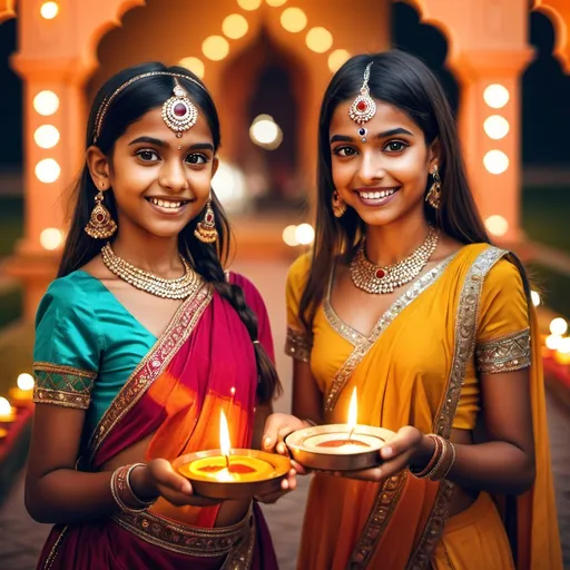 Prompt: Two beautiful girls dressed in Indian costume and celebrating Diwali festival