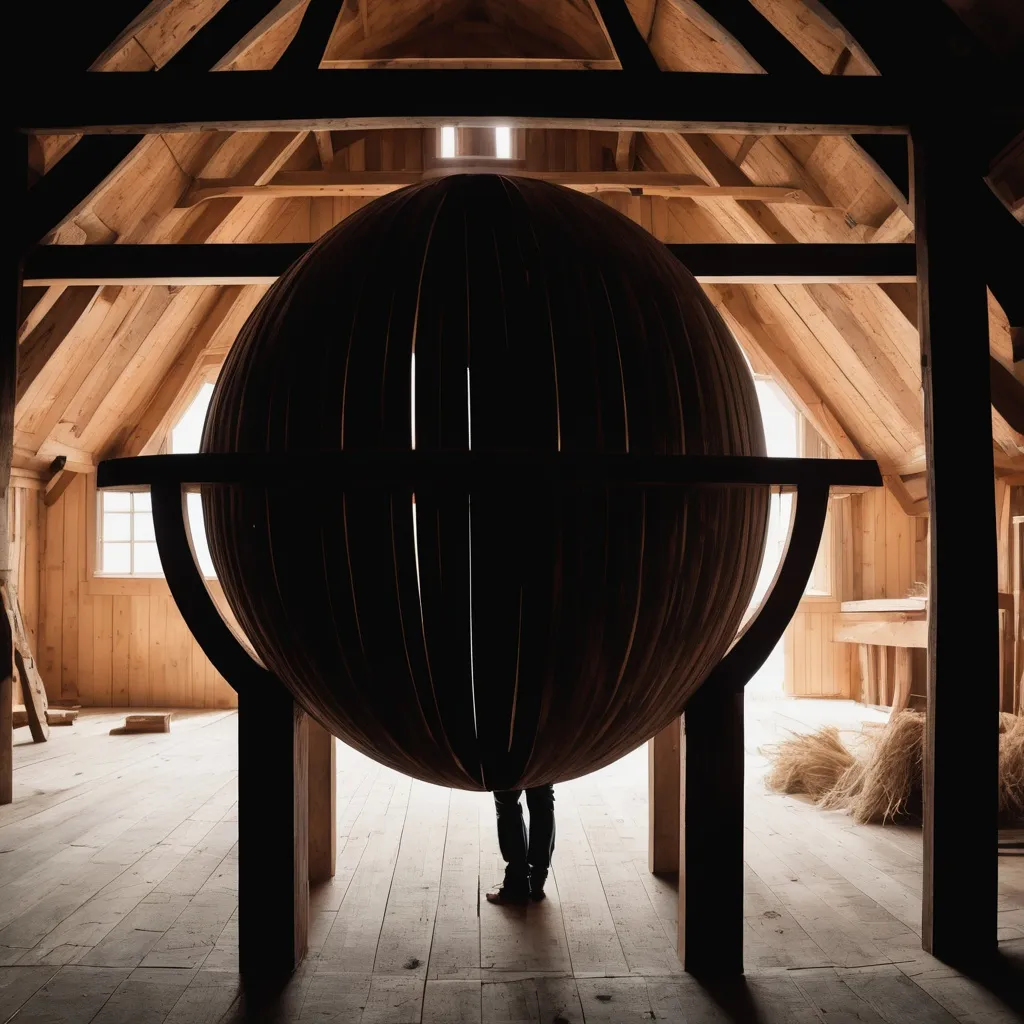 Prompt: A silhouette of a man entering a sphere through the bottom.  The sphere is inside wooden framework, and built out of wood. All inside a barn loft.